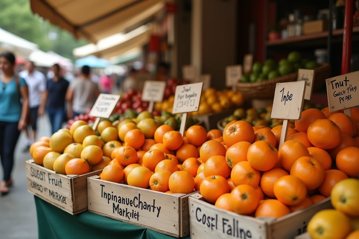 Étal de marché tropical avec des caisses de fruits commençant par I étiquetés à la main, incluant iyokan et figue de barbarie