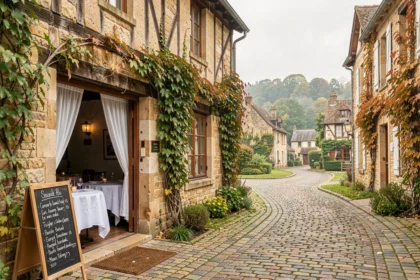 Façade d'un restaurant normand typique dans l'Eure, avec terrasse en pierre et menu ardoise à l'entrée