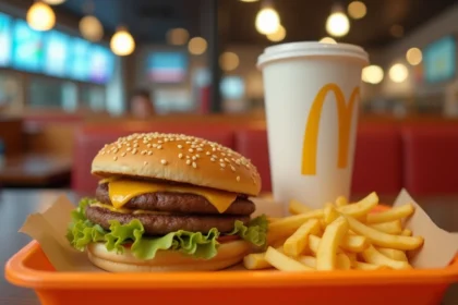 Menu Big Mac posé sur un plateau McDonald's avec frites et boisson, photographié en vue plongeante dans un restaurant fast-food