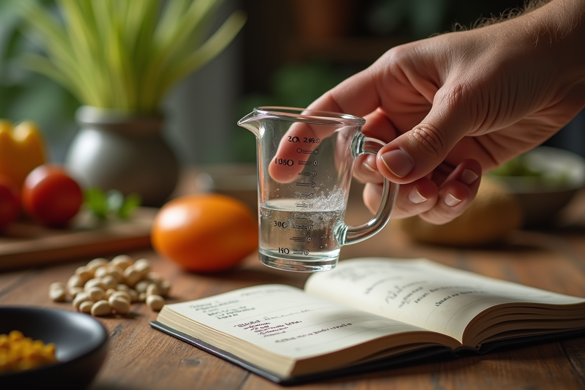 Main tenant un verre doseur au-dessus d une table rustique avec ingrédients