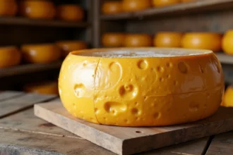 Meule de Beaufort AOP entière posée sur une planche en bois dans une fromagerie alpine traditionnelle