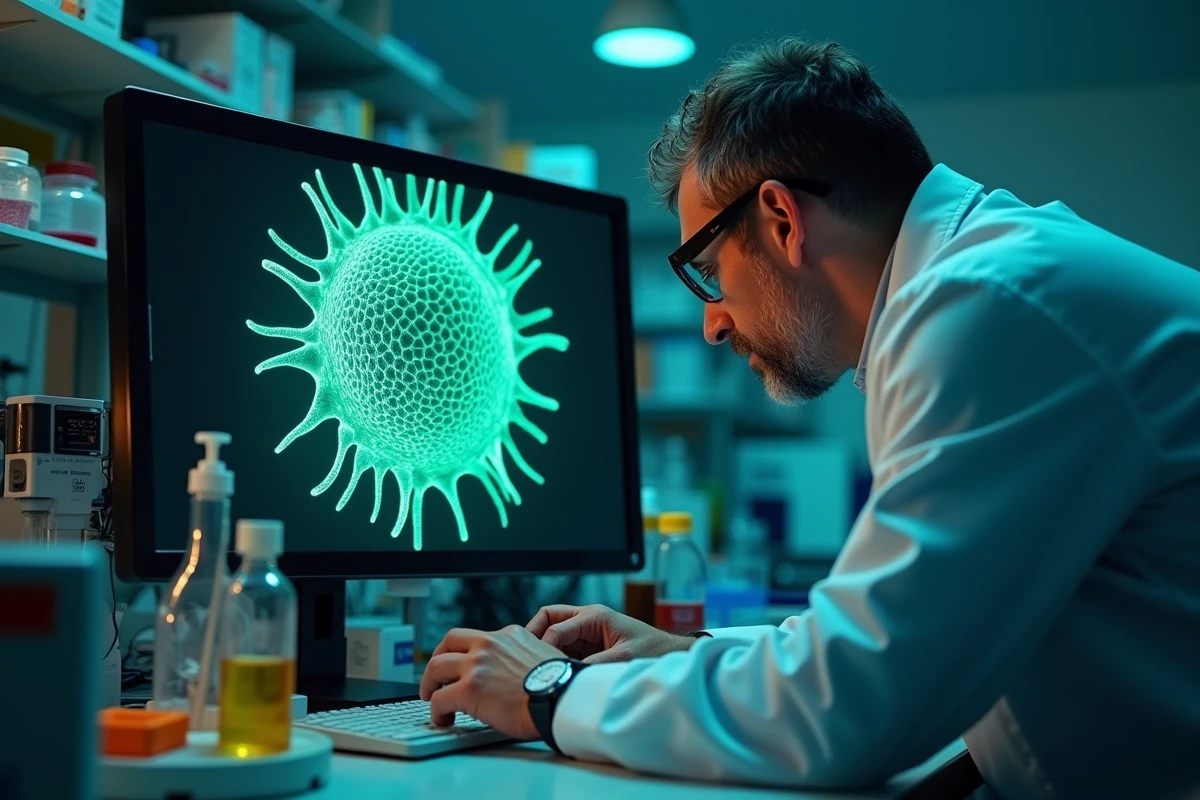 Chercheur observant des structures cellulaires en autolyse sur un écran de microscope numérique en laboratoire