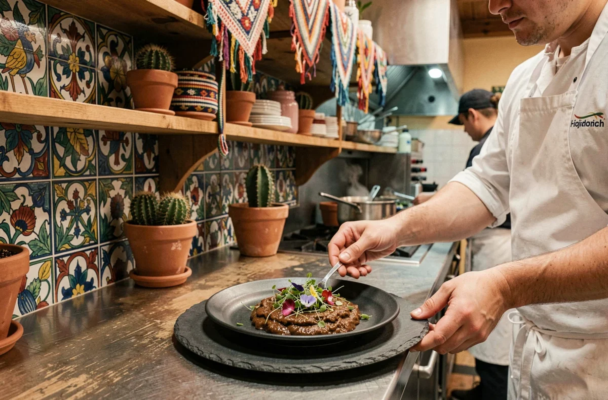 Chef du restaurant Milpan à Fontainebleau dressant une assiette de gastronomie mexicaine avec soin et créativité