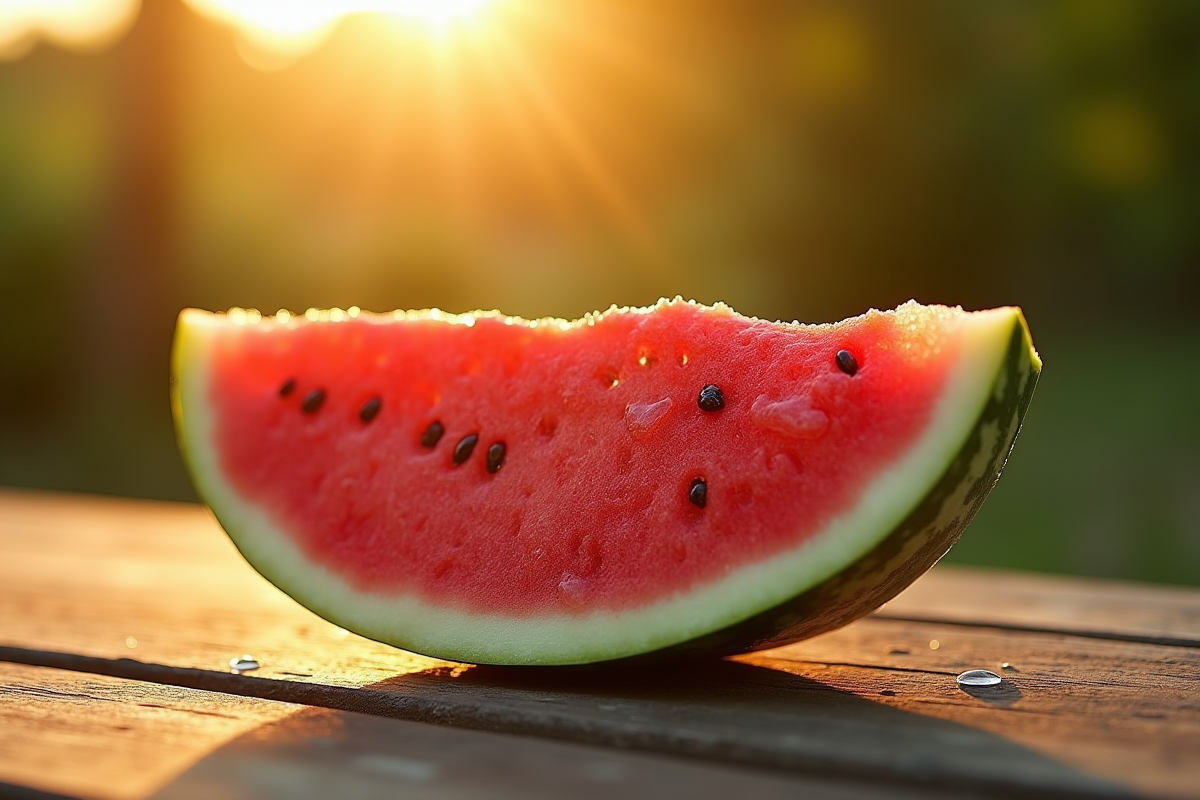 Tranche de melon rosé avec gouttes de rosée au lever du soleil