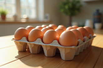 Une douzaine d'oeufs frais dans un carton recyclé sur un plan de travail en bois
