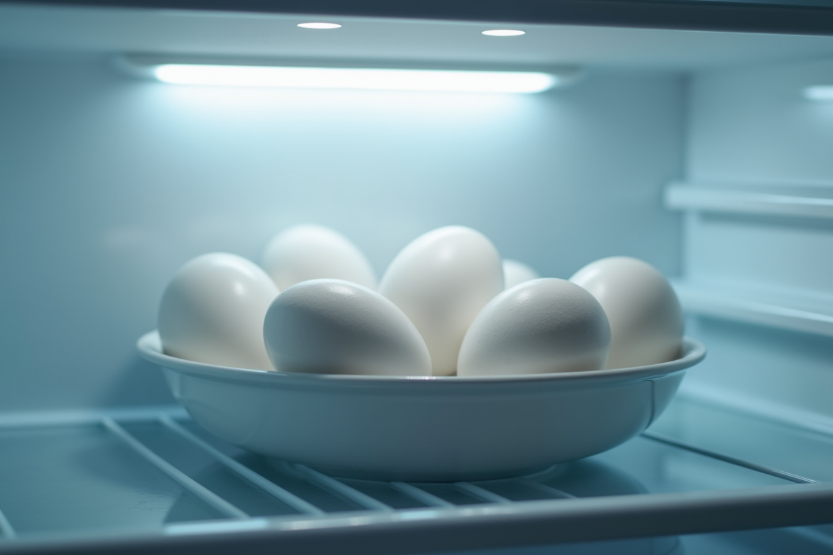 Plusieurs oeufs dans un bol en verre dans un réfrigérateur lumineux