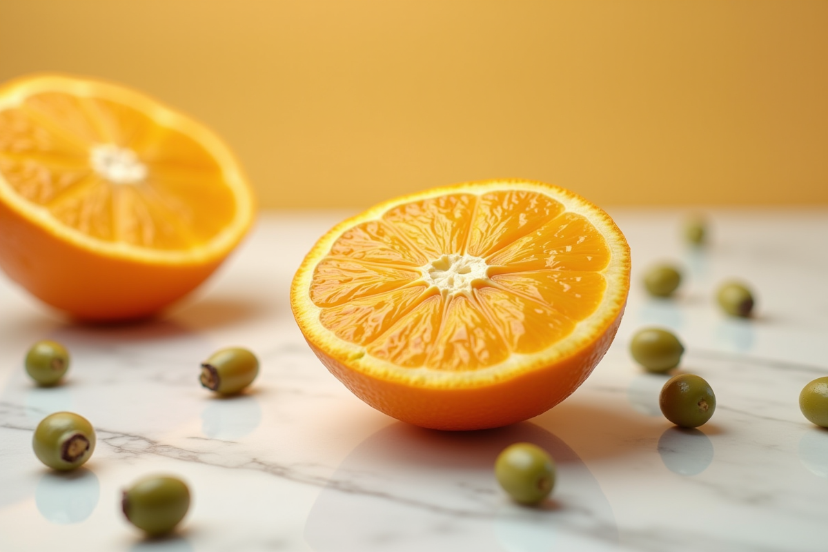 Orange coupée en deux avec olives vertes autour sur surface blanche