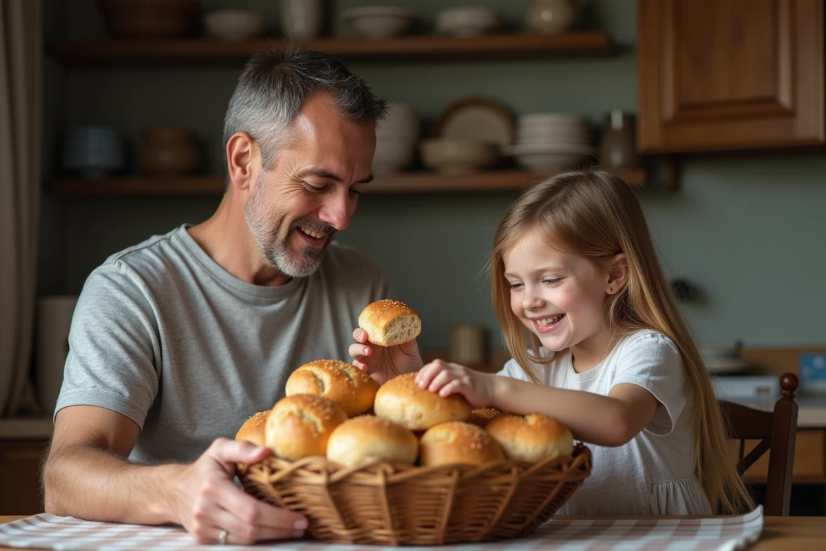 Père et fille rangent du pain frais dans un panier à table