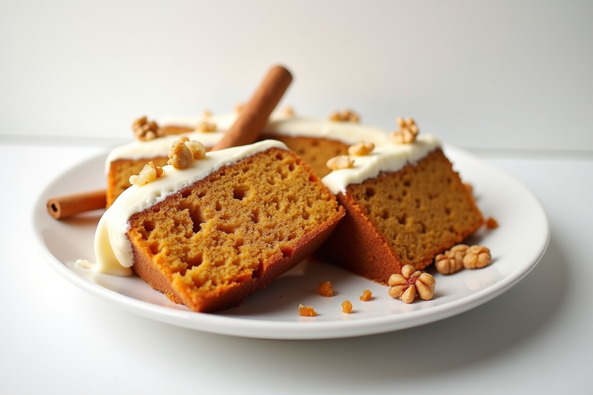 Tranche de gâteau aux carottes avec noix et cannelle sur assiette blanche
