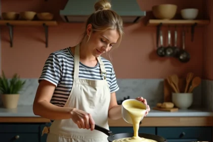 Femme versant une pâte à crêpes avec 500g de farine et 1 litre de lait dans une poêle à crêpes en fonte dans une cuisine chaleureuse