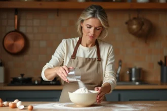 Femme versant de la farine avec un verre doseur dans un bol pour préparer une pâte à crêpes sans balance