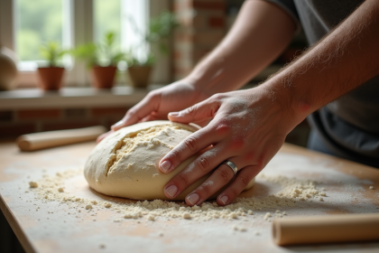 Mains saupoudrées de farine façonnant une pâte à pain maison