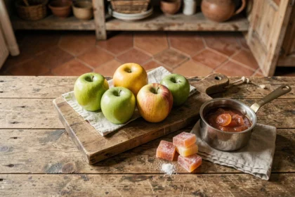 Pâtes de fruit à la pomme maison avec différentes variétés de pommes sur une table en bois rustique