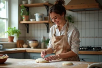 Femme en cuisine façonnant la pâte à la main dans une cuisine chaleureuse