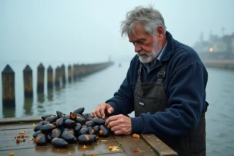 Pêcheur triant des moules sur un quai breton