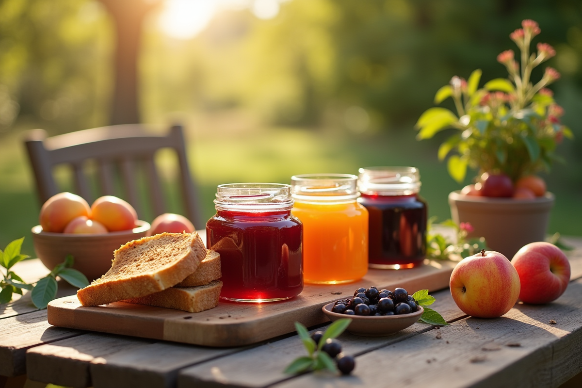 Petit déjeuner en plein air avec confitures E