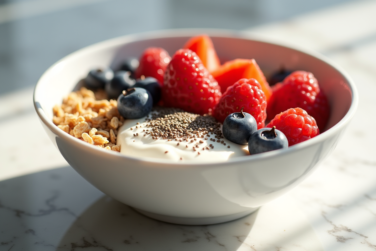 Bol de petit déjeuner avec yogourt et fruits frais