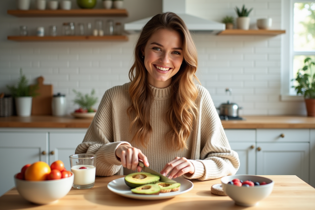 Femme souriante préparant un petit déjeuner équilibré