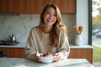 Jeune femme dégustant un bol de yogourt aux fruits