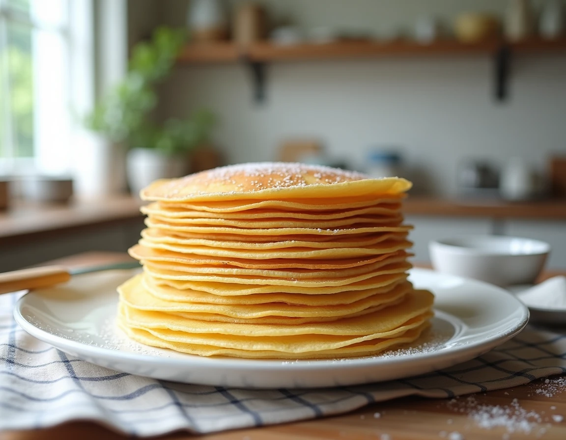 Pile de crêpes dorées obtenues avec une pâte à crêpes 500g de farine et 1 litre de lait posées sur une assiette blanche dans une cuisine française