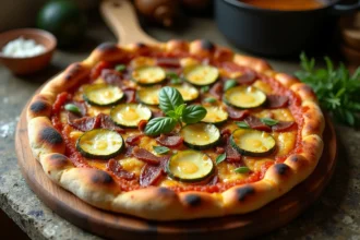 Pizza courgette façon tartiflette avec reblochon fondu, lardons et oignons caramélisés sur une planche en bois rustique