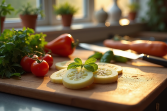 Planche en bois usée sur un plan de cuisine avec légumes coupés
