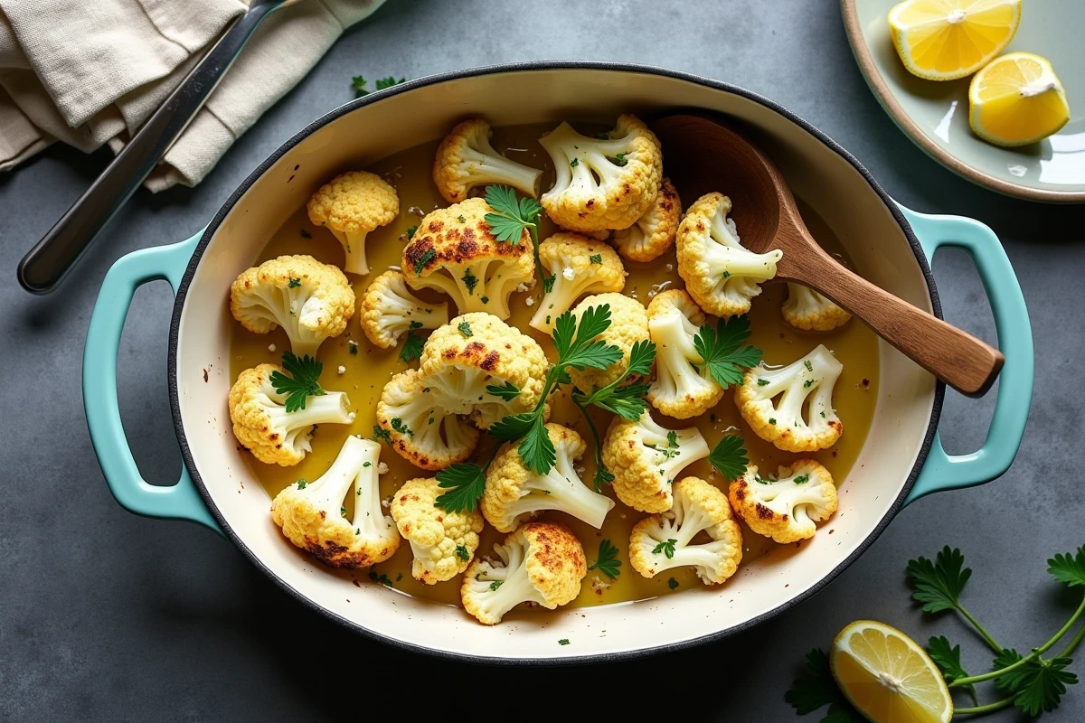 Vue de dessus d'un plat complet de chou-fleur rôti garni de persil et citron dans un plat émaillé