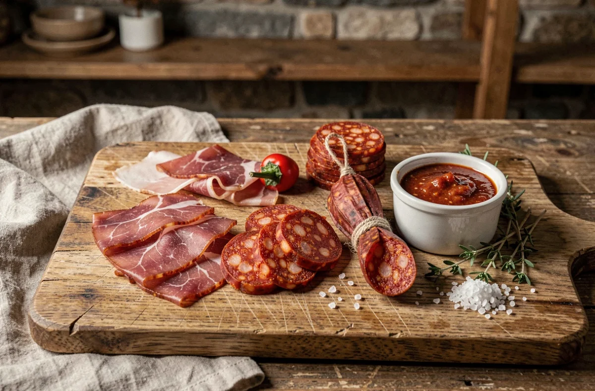 Plateau de charcuterie basque artisanale avec jambon sec, chorizo et piment d'Espelette sur planche en chêne