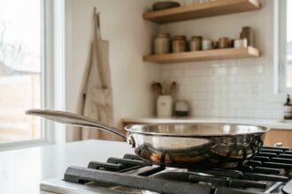 Poêle inox posée sur un feu de gaz dans une cuisine contemporaine avec étagères en bois et carrelage blanc