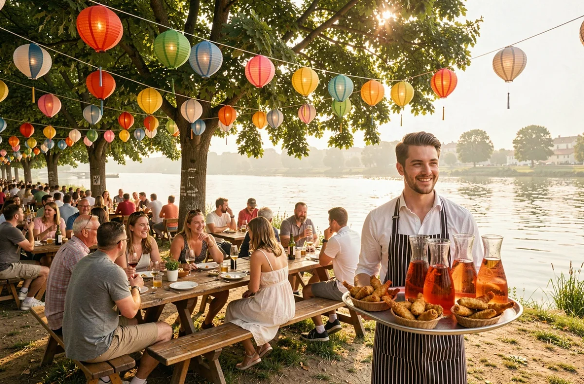 Terrasse animée de La Pointe Sauvage, guinguette en bord de Marne à Vaires-sur-Marne, avec lanternes et convives en plein air