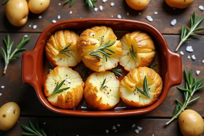 Pommes de terre écrasées dorées et croustillantes avec peau dans un plat en céramique rustique, vue du dessus