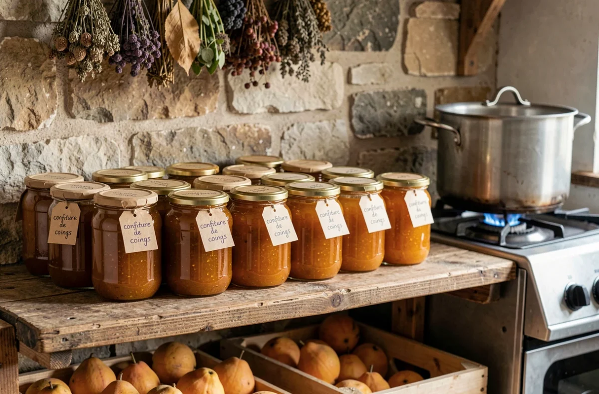 Rangée de pots de confiture de coings en verre étiquetés à la main sur une étagère en pierre dans un cellier rustique