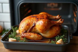 Poulet rôti entier de 1,5 kg croustillant sorti du four sur une grille de cuisson, avec jus de rôtissage et herbes fraîches