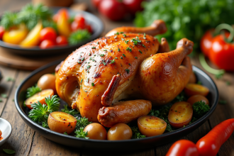 Poulet rôti avec légumes et pommes de terre sur table rustique