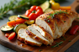 Poulet rôti tranché avec légumes colorés sur planche en bois