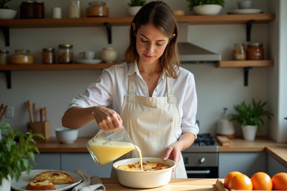 Femme préparant l'appareil à quiche lorraine sans pâte en versant la crème aux oeufs dans un moule