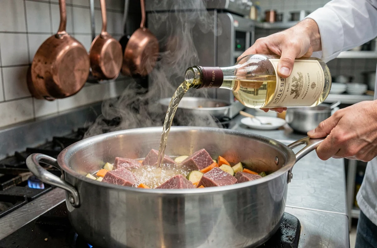 Chef versant du vin blanc dans une casserole contenant des morceaux de veau pour préparer une blanquette traditionnelle en cuisine professionnelle