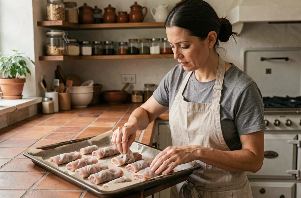 Femme préparant des crépinettes crues sur plaque de cuisson dans une cuisine de ferme authentique