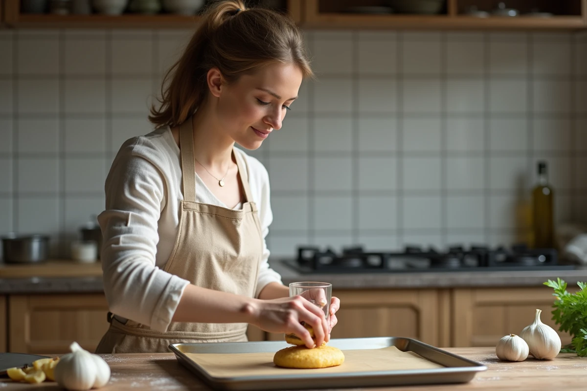 Femme en cuisine écrasant une pomme de terre à la main sur une plaque de cuisson, préparation de la recette