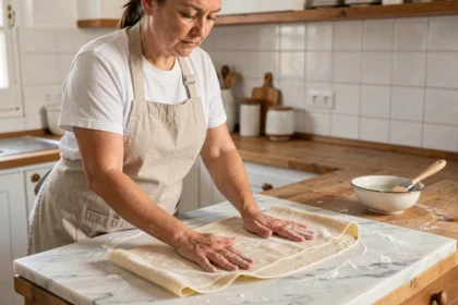 Femme étalant une feuille de brick maison sur un plan de travail en marbre dans une cuisine traditionnelle