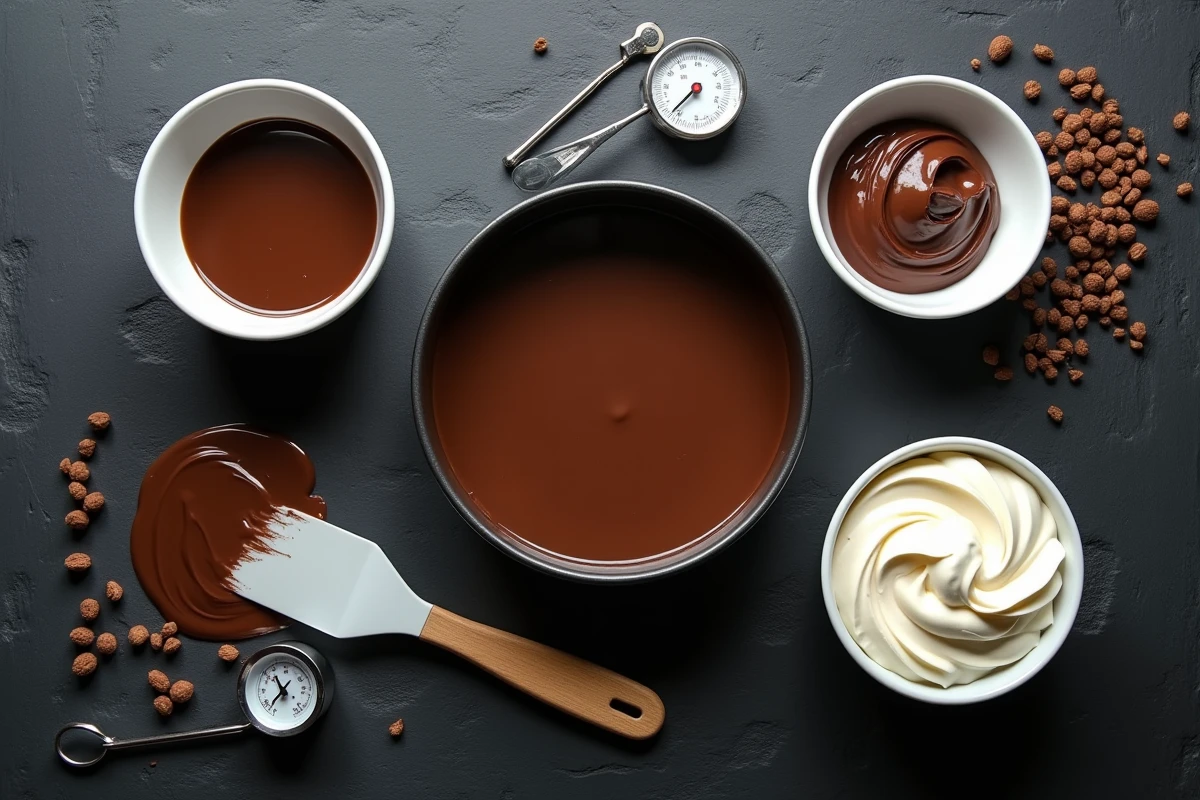 Vue de dessus de la préparation d'un gâteau trois chocolats avec bols d'ingrédients et moule à charnière