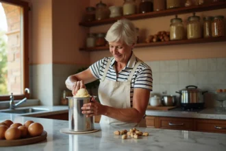 Femme italienne préparant une glace maison onctueuse dans une cuisine authentique avec plan de travail en marbre