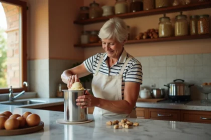 Femme italienne préparant une glace maison onctueuse dans une cuisine authentique avec plan de travail en marbre