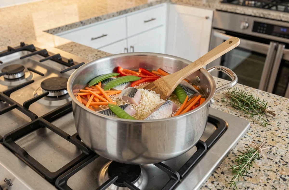 Préparation en cours d'une julienne de poisson one pot avec riz et légumes dans une poêle sur feu de gaz