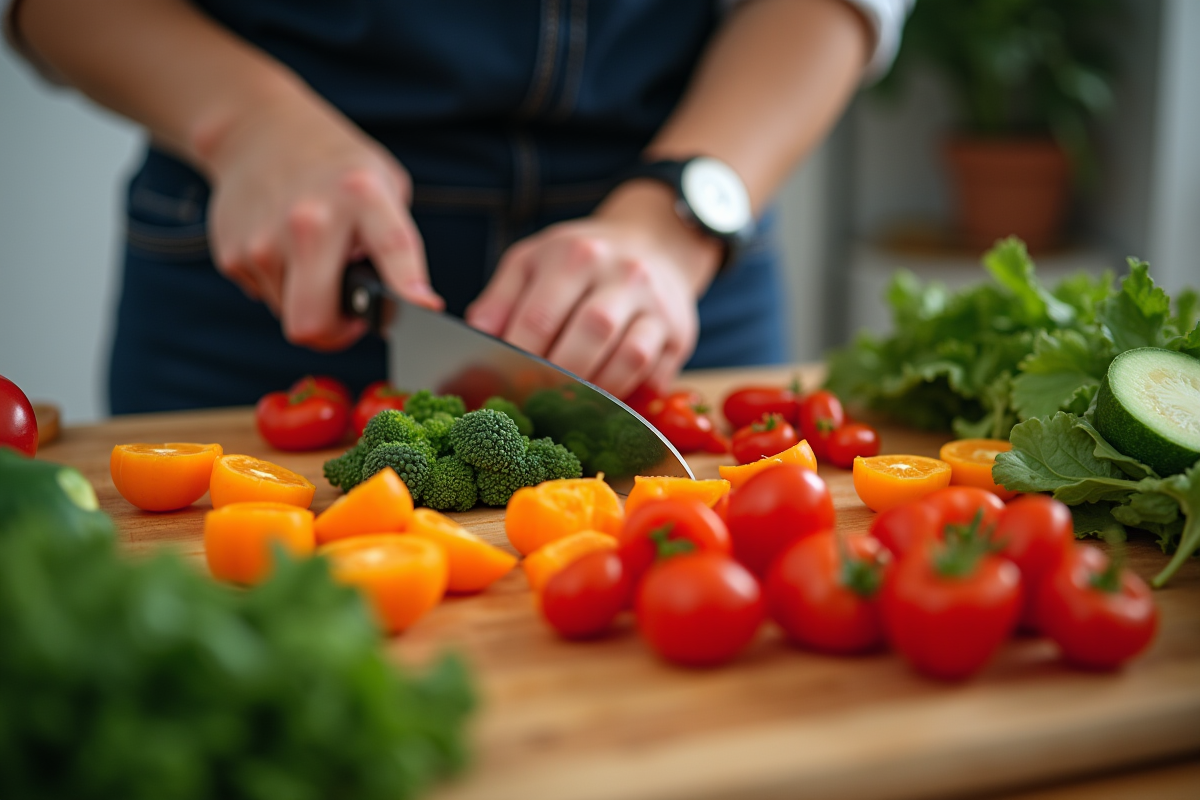Personne coupant des légumes colorés sur une planche en bois