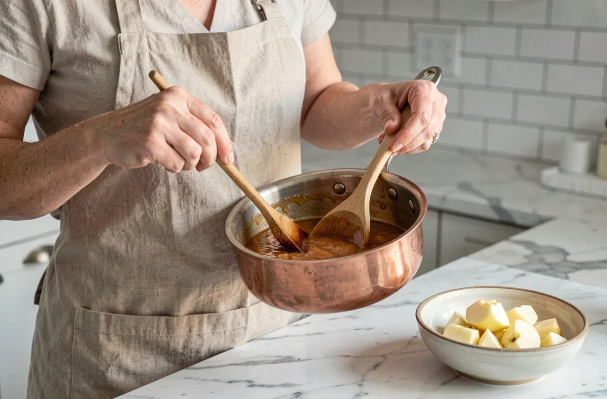 Femme préparant une pâte de fruit à la pomme dans une casserole en cuivre avec des pommes Reinette