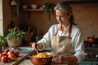 Femme préparant de la pâte de fruit à la pomme dans une casserole en cuivre sur un plan de travail en bois rustique