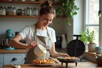 Femme versant de la pâte à gaufres dans un gaufrier sur un plan de travail en bois, cuisine maison authentique