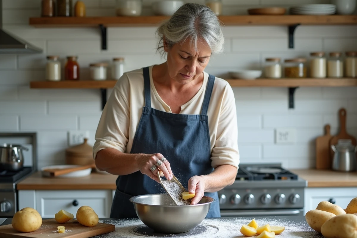 Femme râpant des pommes de terre à la main pour préparer une rapée auvergnate traditionnelle dans une cuisine rustique