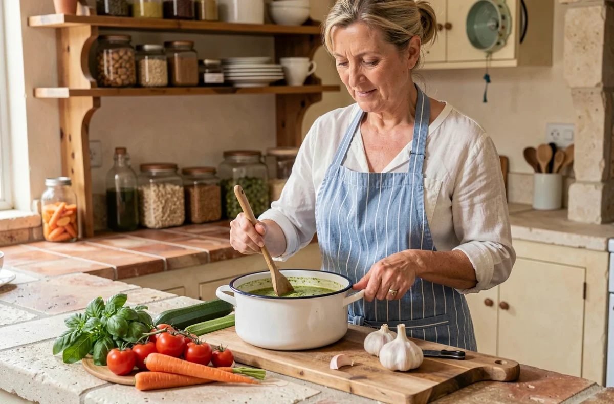 Femme provençale préparant une soupe au pistou maison dans une cuisine rustique avec légumes frais et basilic